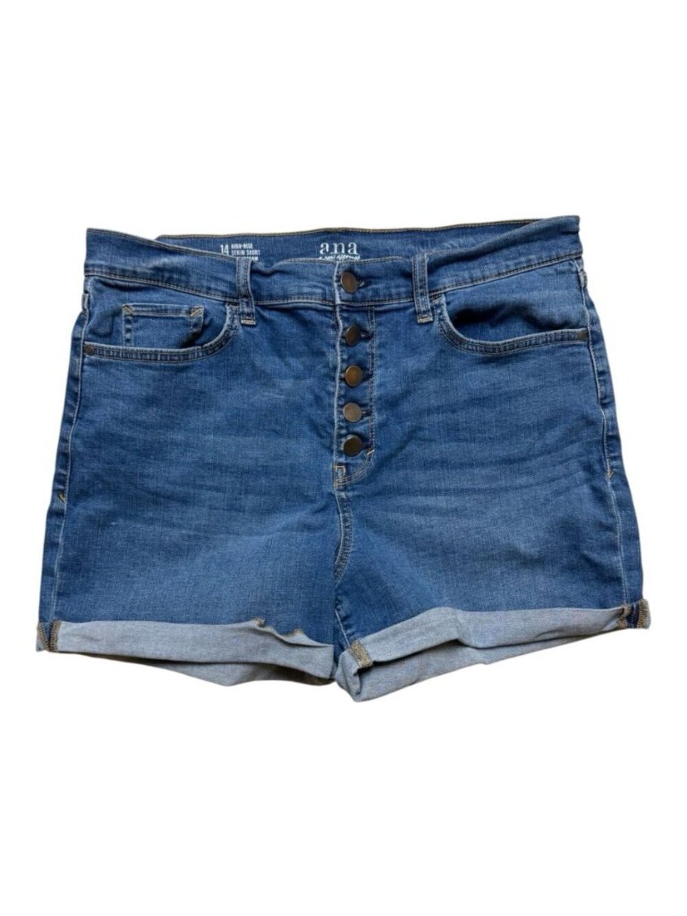 a.n.a High Rise Denim Shorts Womens Size 14 Blue Button Fly Cuffed Stretch